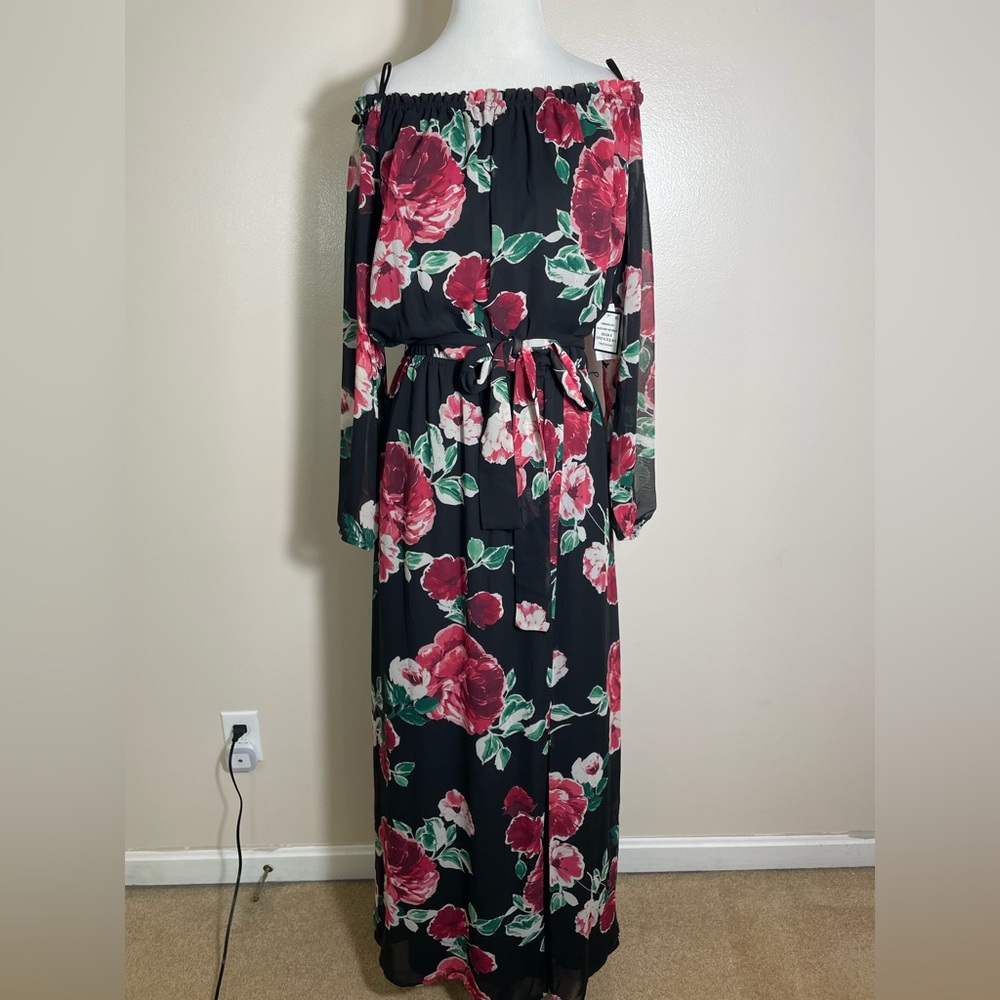 Nine West Black Maxi Dress with Red Floral Design